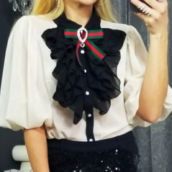 MODA ME COUTURE Tops - AUDREY Jewelled Ruffled Blouse - Cream